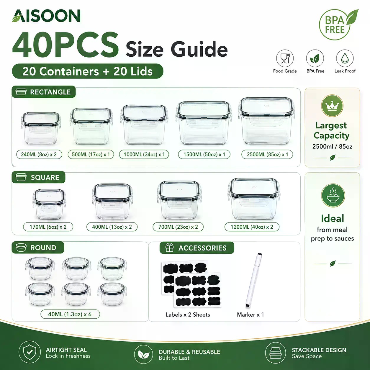 Set di 40 Contenitori per Alim - Meal Prep Jars With Lids recensione e prezzo